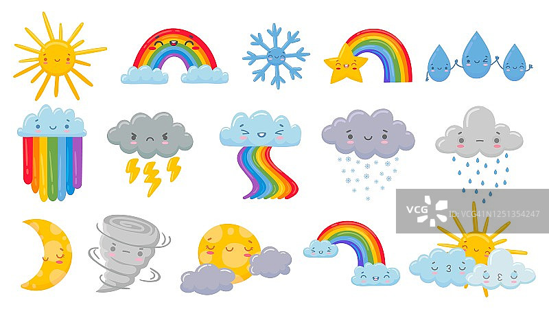 可爱的卡通的天气。快乐炽热的太阳，彩虹的云彩和有趣的雪花。下雪和下雨的云，睡觉的月亮和愤怒的飓风矢量插图集图片素材