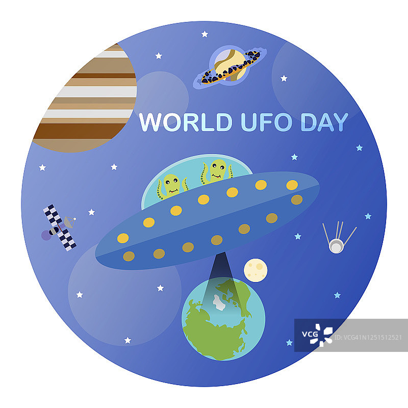 国际UFO日的矢量图像。这是一张飞碟的平面图片，上面有想从地球上偷东西的外星人。图片素材