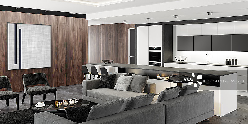 豪华现代室内客厅与现代极简主义意大利风格开放式空间厨房与大长厨房岛。图片素材