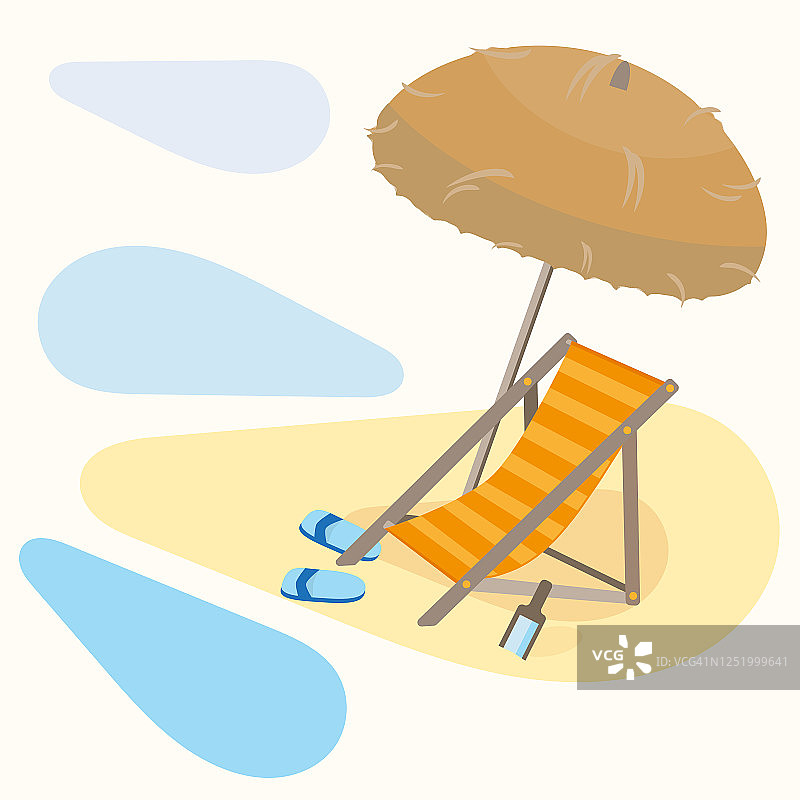 帆布躺椅，棕色草编沙滩伞，蓝色拖鞋，一瓶饮料。在海滨。矢量插图在平面风格。图片素材