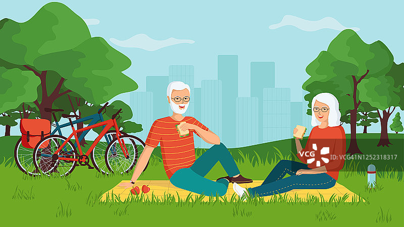 概念老年夫妇在野餐。退休后的活跃假期。快乐的老年家庭。卡通矢量插图。图片素材