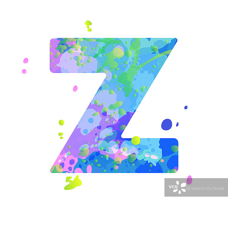 粗体字母Z与效果的液体点油漆在蓝色，绿色，粉红色的颜色图片素材