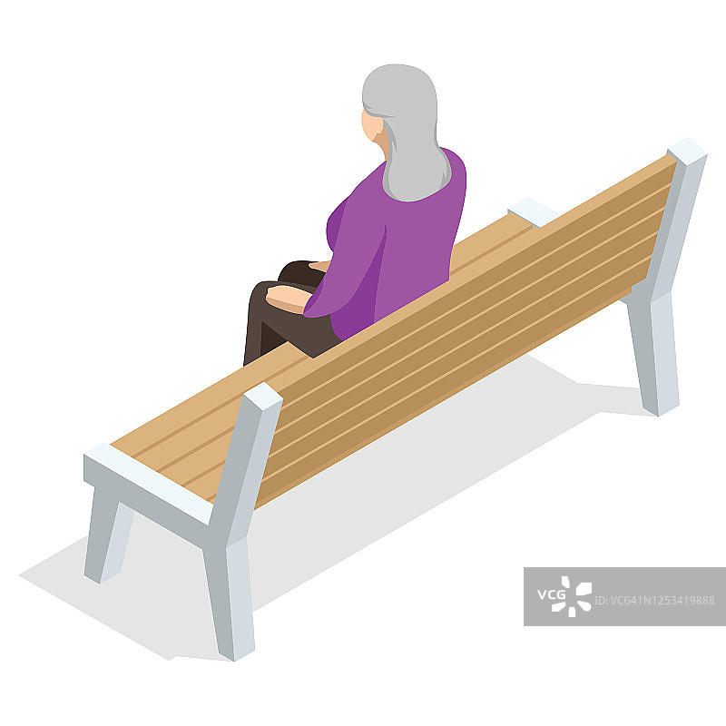 等长的老妇人坐在长凳上休息，背影，孤立在白色背景上图片素材