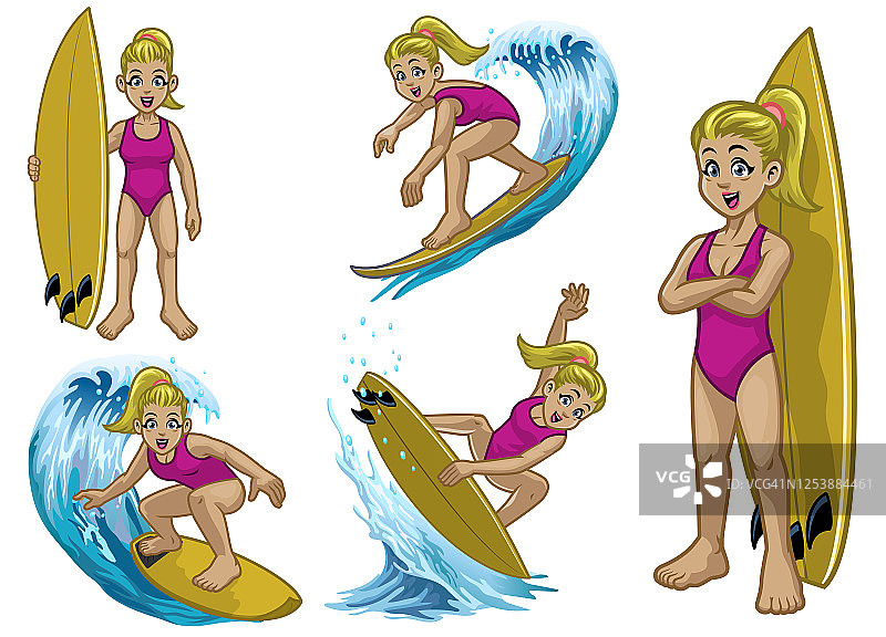 背景卡通的金发白人冲浪者女孩图片素材