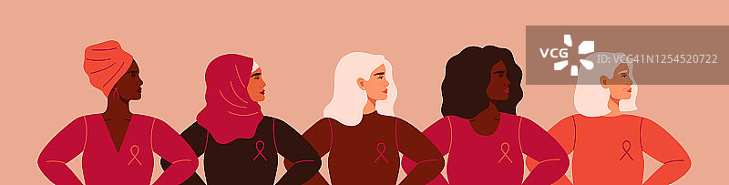 5名来自不同国家、系着粉红色丝带的妇女站在一起。乳腺癌图片素材