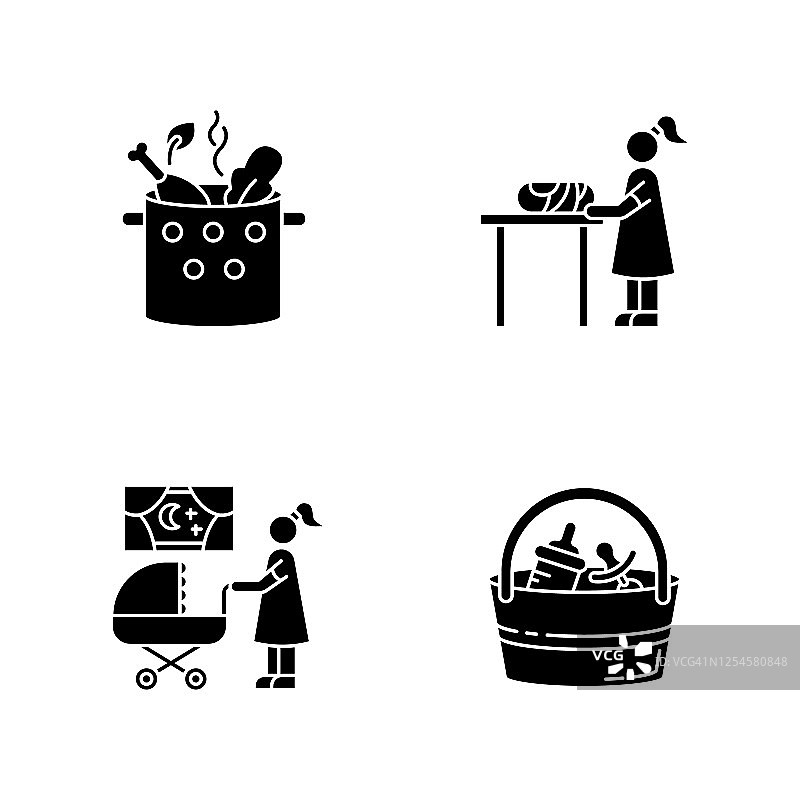 保姆服务黑色字形图标设置在空白。烹饪食物。正在换婴儿尿布的女人。晚上时间保姆。保姆。轮廓符号。向量孤立的插图图片素材