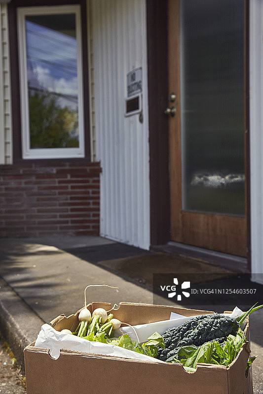 一盒新鲜的当地有机蔬菜被送到一户人家门前。图片素材