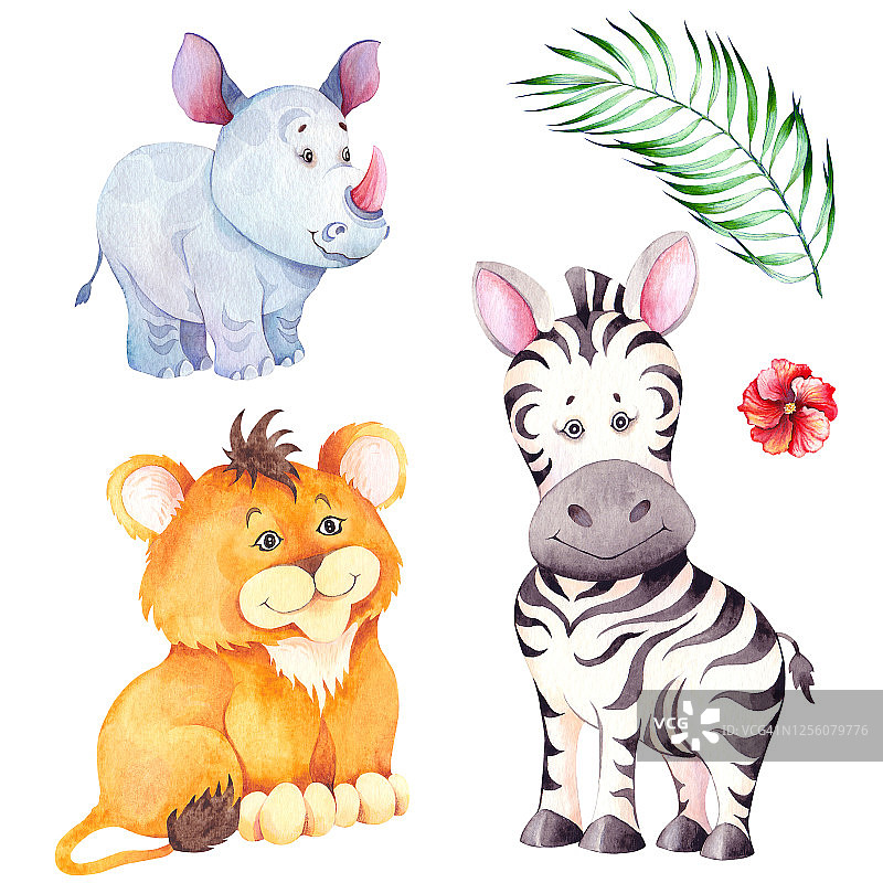 卡通热带动物角色。小狮子，斑马和犀牛幼崽。图片素材