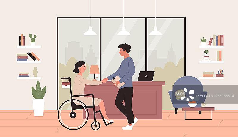 残疾就业概念矢量插图，卡通平面快乐的年轻女子在轮椅上握手与业务伙伴或老板在办公室的背景图片素材
