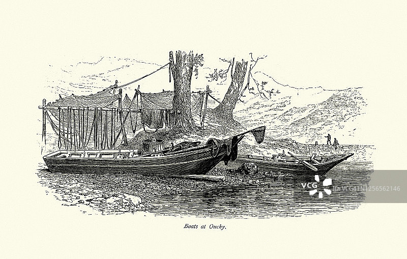 渔船在乌奇，日内瓦湖，洛桑，瑞士，19世纪图片素材