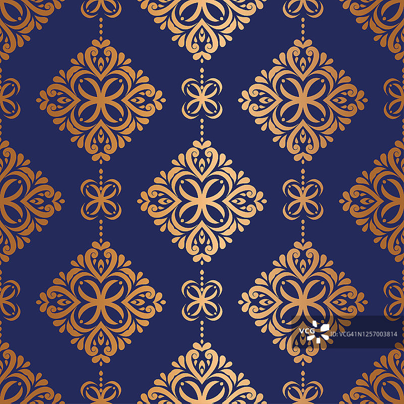 深蓝色和金色装饰无缝图案。复古向量，佩斯利元素。传统的，土耳其的，印度的图案。非常适合织物和纺织品，墙纸，包装或任何理想的想法。图片素材
