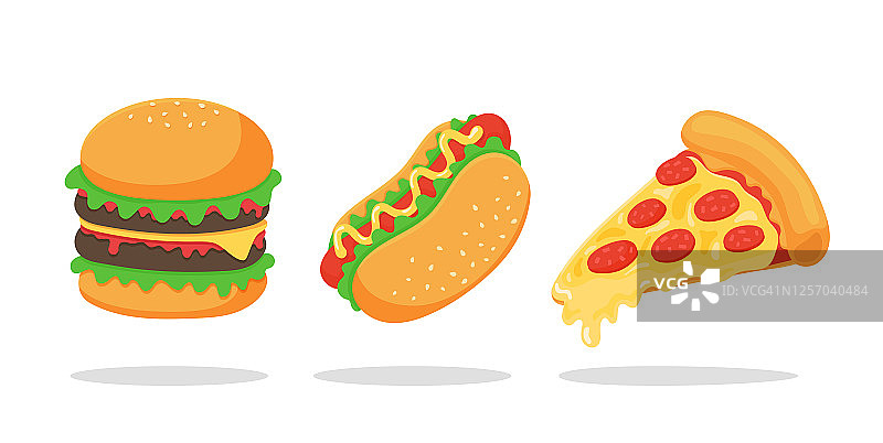 快餐。热狗、汉堡包和比萨饼是受欢迎的美国食物。孤立在白色背景上。图片素材