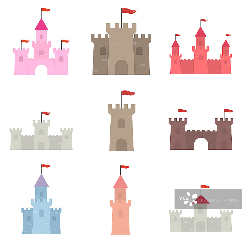 平坦的城堡，宫殿图标，白色背景上孤立的矢量插图图片素材