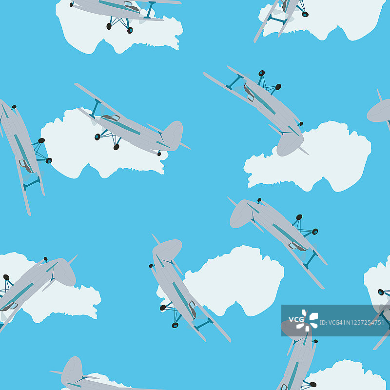 无缝模式复古白色飞机飞行在蓝色背景，矢量eps 10图片素材