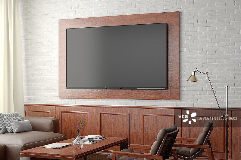 电视屏幕样板在白砖墙上用经典的木纹装饰，在生活白砖墙的侧视图中，剪接屏幕周围的路径。图片素材