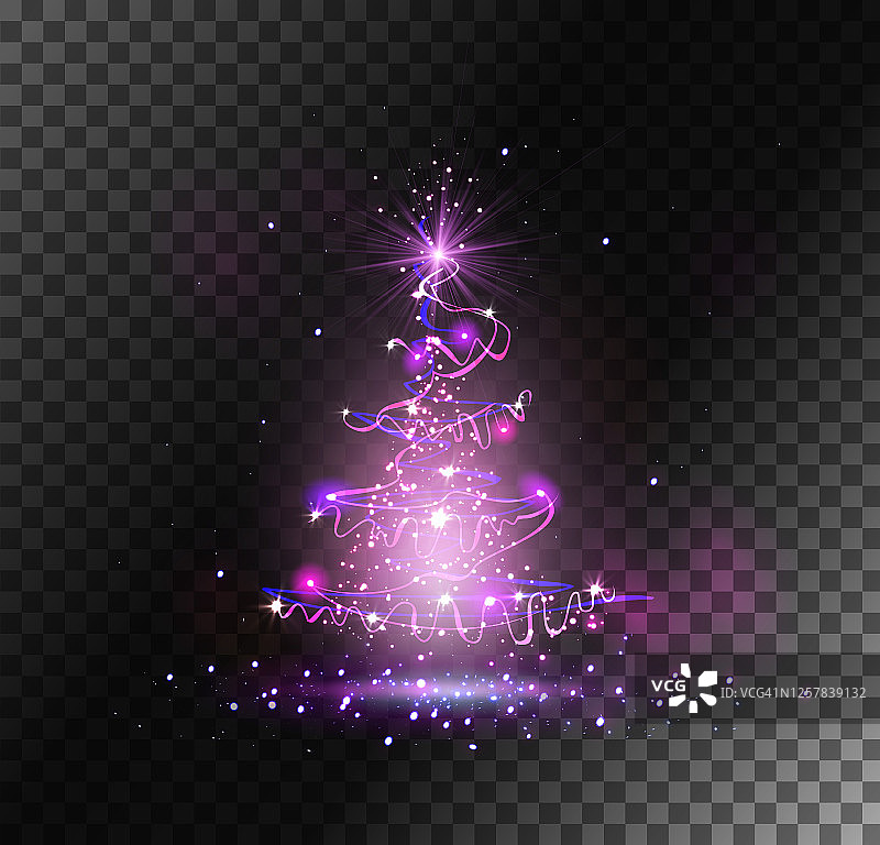 透明圣诞树从光和火花。用于设计的孤立元素。图片素材