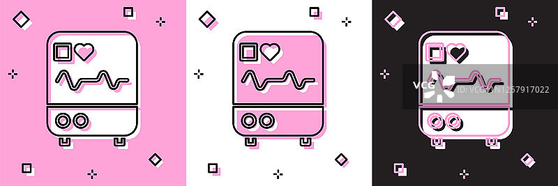 将电脑显示器设置为孤立的心电图图标，背景为粉红色、白色、黑色。监控图标。心电监护仪与心跳手绘。矢量图图片素材
