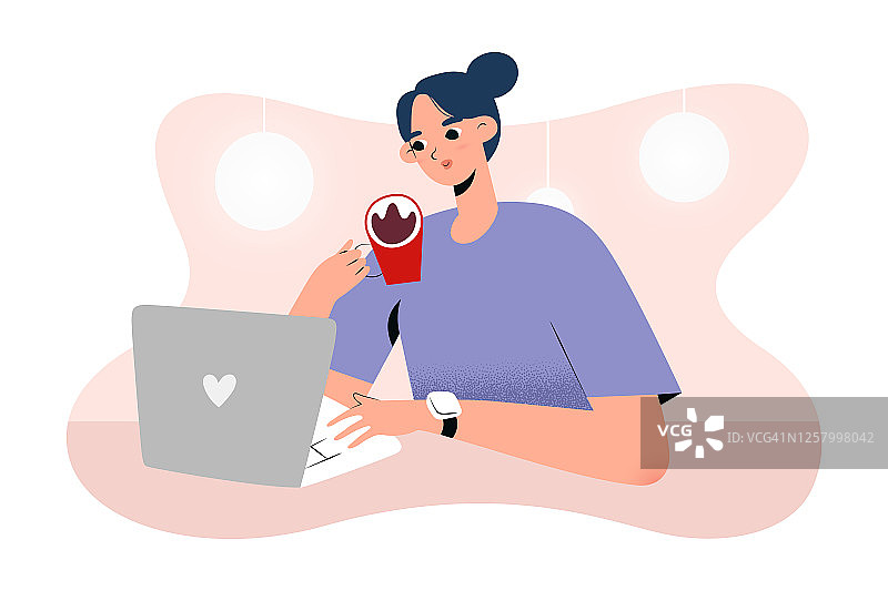 年轻女性在咖啡馆或咖啡店工作，坐在桌子边喝着咖啡，用着她的笔记本电脑，自由职业的概念，矢量卡通插图，人的性格图片素材