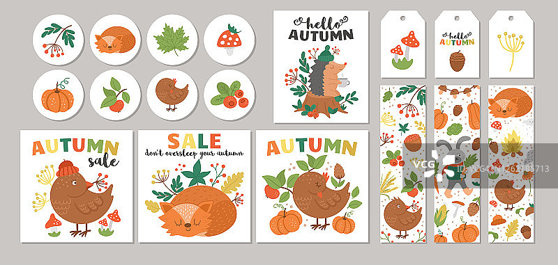 可爱的秋季销售卡片设计与鸟，狐狸，南瓜，蘑菇。矢量方形、圆形、水平、垂直打印模板。秋季林地动物的标签，明信片，出售。图片素材