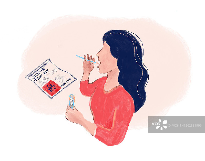 冠状病毒检测——妇女在家中使用检测试剂盒，用咽拭子检测自己是否患有冠状病毒COVID-19图片素材
