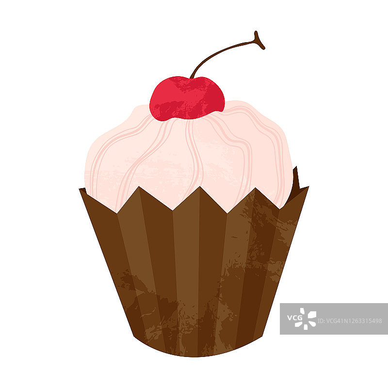单手画的纸杯蛋糕或松饼配樱桃和鲜奶油。矢量卡通插图在平面设计。用于贺卡、海报、贴纸和季节设计的元素。孤立在白色的。图片素材