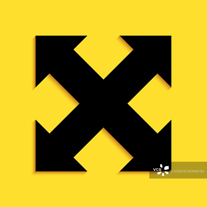 黄色背景上孤立的四个方向的黑色箭头图标。长阴影风格。向量图片素材