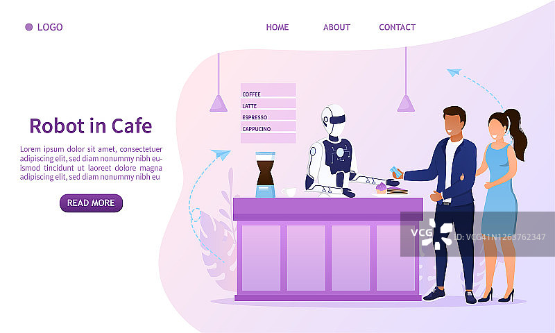 咖啡馆里的机器人正在为一对年轻夫妇服务。一个未来派咖啡馆里的男人和女人。服务领域的自动化技术。咖啡师的机器人。餐饮业的创新。平面向量插图图片素材