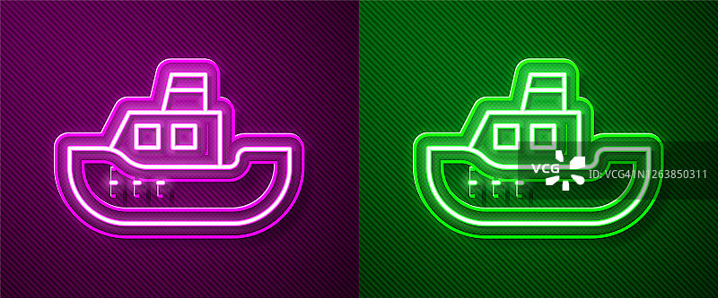 发光的霓虹灯线玩具船图标孤立在紫色和绿色的背景。向量图片素材