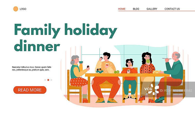 网页横幅模板与家庭假日晚餐卡通矢量插图。图片素材