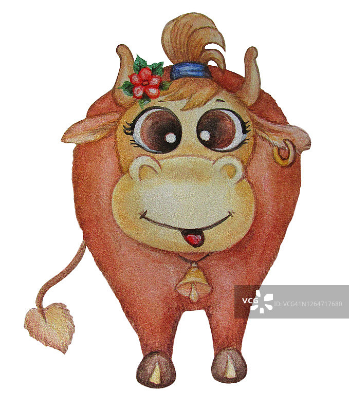 可爱的牛。有趣的棕色奶牛，耳朵上有个耳环，脖子上有个铃铛。头上有一朵红花。一只宠物的水彩画在白色的背景上。2021年是牛年。照片图片素材