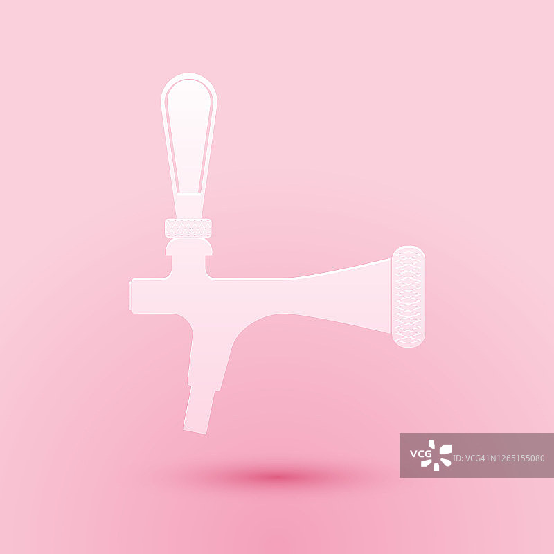 剪纸啤酒龙头图标孤立在粉红色的背景。纸艺术风格。向量图片素材