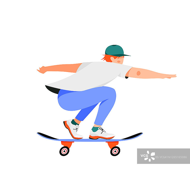 孤立的白人男子在滑板矢量插图。图片素材