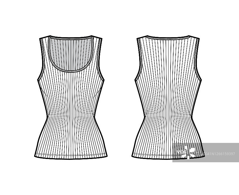 肋棉针织背心技术时尚插图与宽勺颈，贴身针织，束腰长背心图片素材