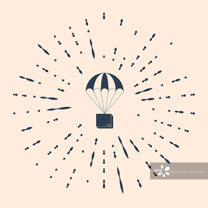 米色背景上的降落伞图标上飞行的黑匣子。包裹与降落伞运输。送货服务，空运概念，奖金概念。抽象圆随机点。矢量图图片素材