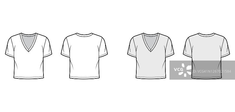 裁剪棉t恤技术时尚插图深v领，短袖，腰长。平的外衣图片素材