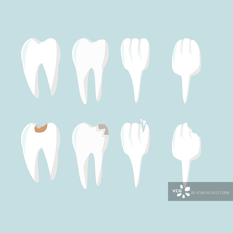 一组牙齿在扁平样式，健康的牙齿和龋齿，牙科和牙齿健康，矢量插图图片素材
