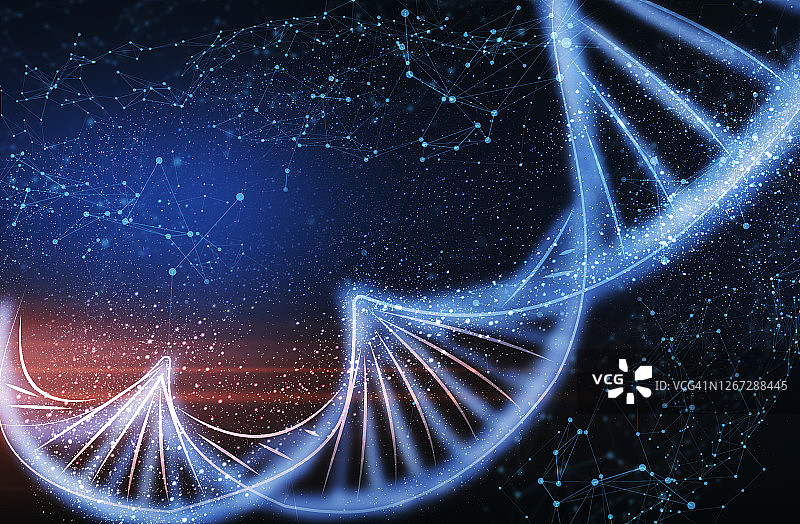人类基因组研究。图中深蓝色背景为DNA双螺旋分子，空白图片素材