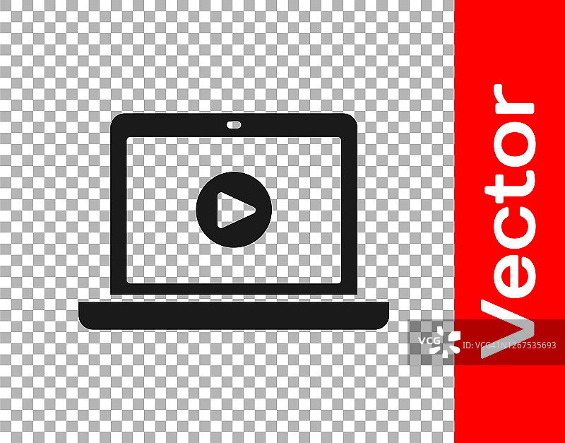 黑色在线播放视频图标隔离在透明背景上。笔记本电脑和带播放标志的胶卷。矢量图图片素材