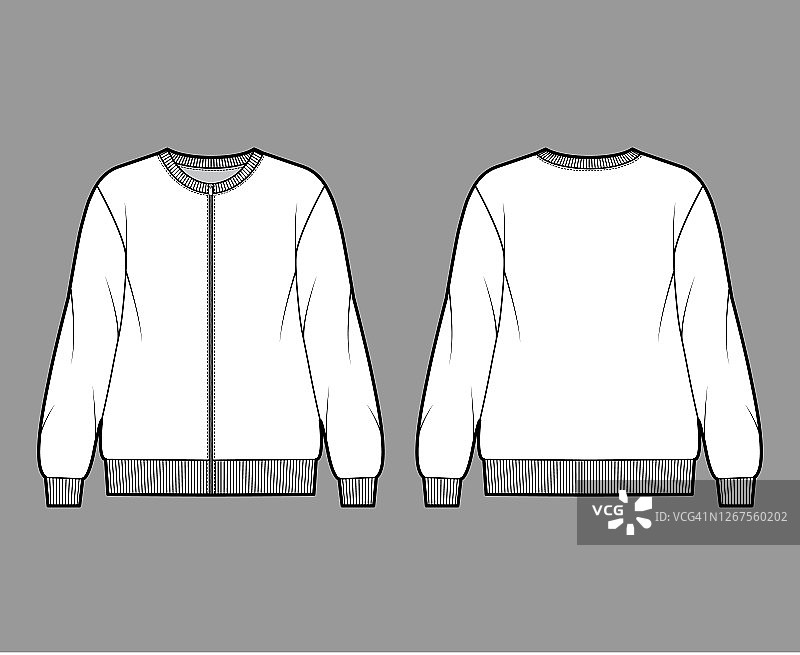 拉链棉毛利特大号运动衫技术时尚插图与放松的适合，船员领口，长袖图片素材