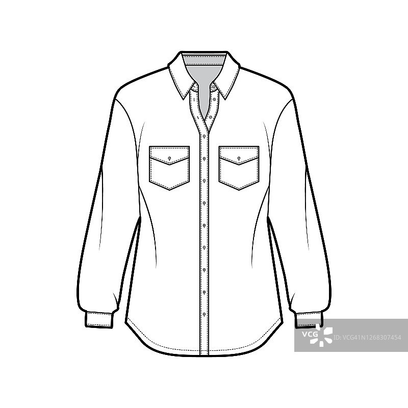 经典衬衫技术时尚插图角度口袋，长袖，放松适合，前扣扣图片素材