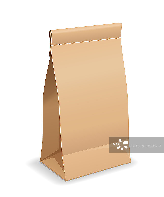 棕色纸袋，带缝合袋口，模板设计，孤立白色图片素材