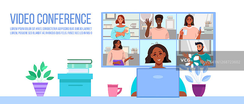 与黑人女性在线交流或视频会议插图，笔记本电脑，屏幕。图片素材
