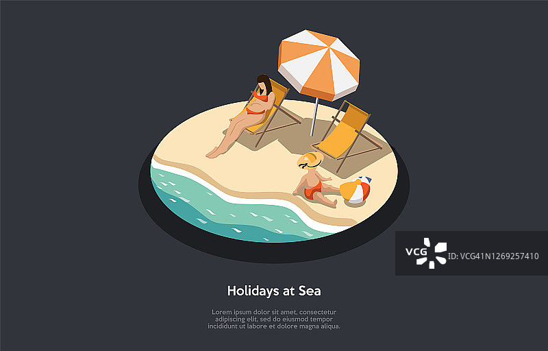 暑假和假期概念。女性角色在沙滩上的日光浴躺椅上晒黑。宝宝戴着帽子在水边玩球。海上假期。三维等距矢量插图图片素材