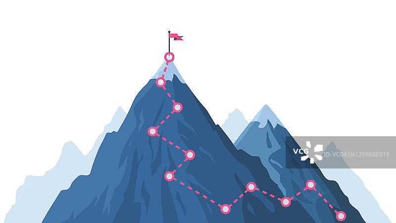 山发展路径。攀登过程路线，山峰克服，山顶上有红旗的攀登路线矢量图图片素材