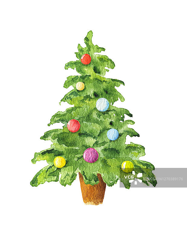 水彩圣诞树与球孤立的白色背景。图片素材