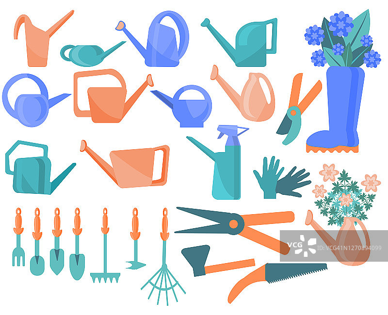 可爱的矢量一套彩色喷壶，耙子，铲子，剪刀，修枝机，花，橡胶靴子，园艺手套。在白色背景上收集花园工具。矢量插图在平面风格图片素材