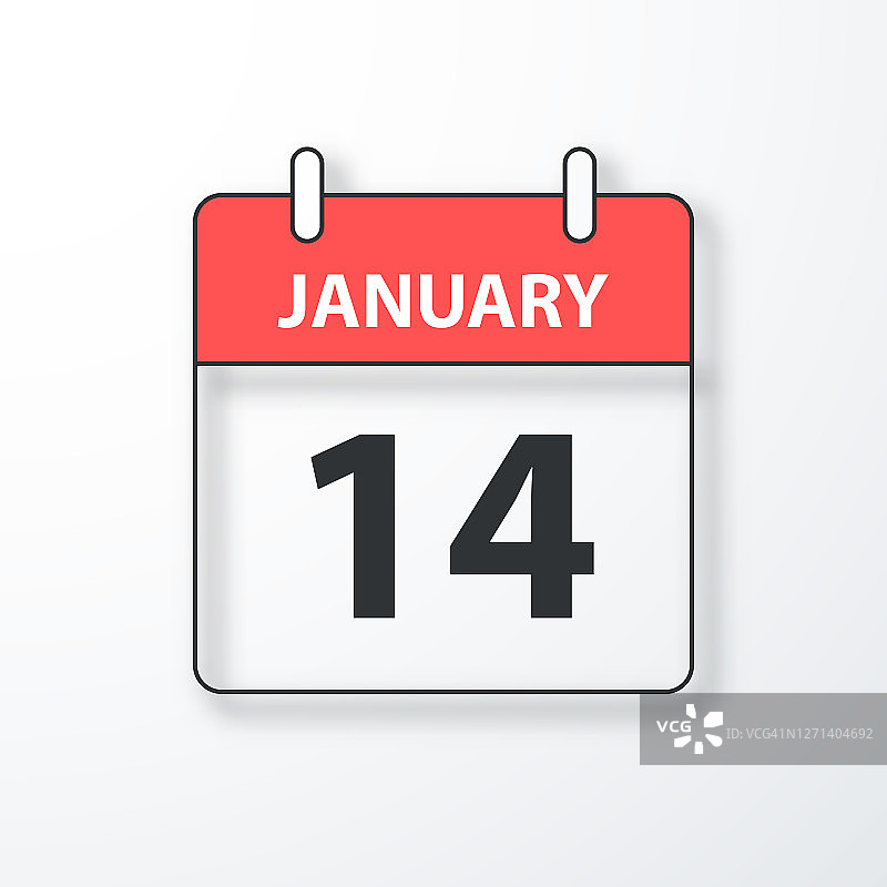 1月14日-每日日历-黑色大纲与阴影在白色背景图片素材