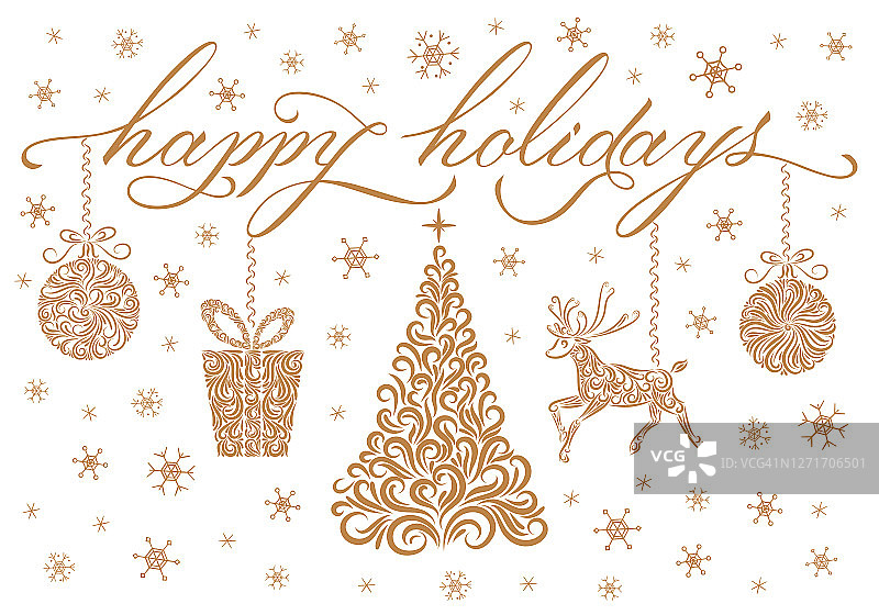 金色圣诞设计:节日快乐字、圣诞树、驯鹿、圣诞球、礼物、雪花。华丽的画。图片素材