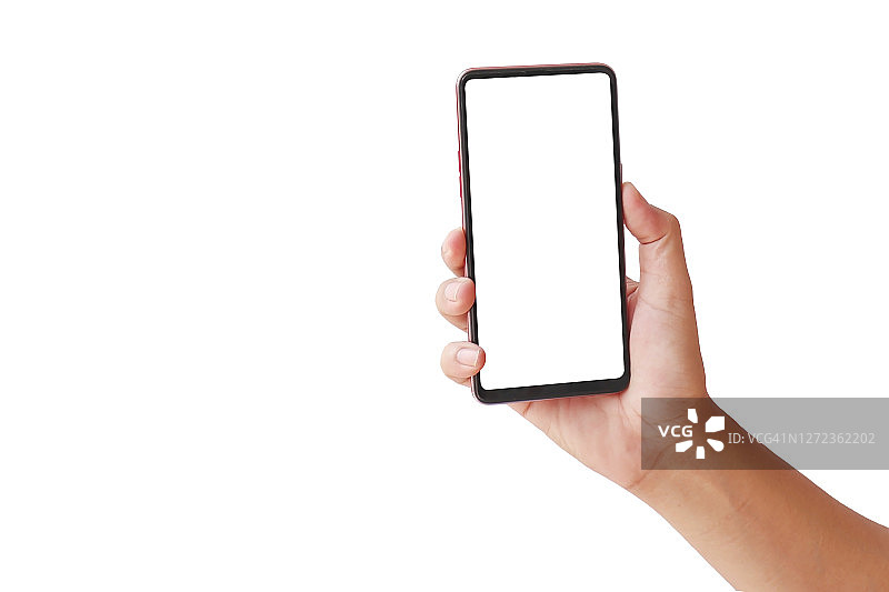 手握白色屏幕，手机是孤立的白色背景与剪切路径。图片素材
