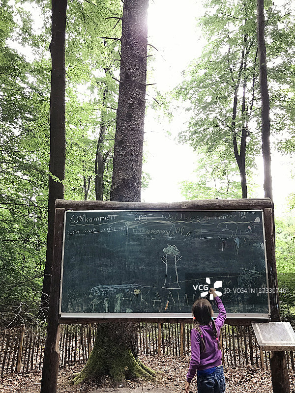 森林里，孩子们用粉笔在学校的黑板上写字图片素材